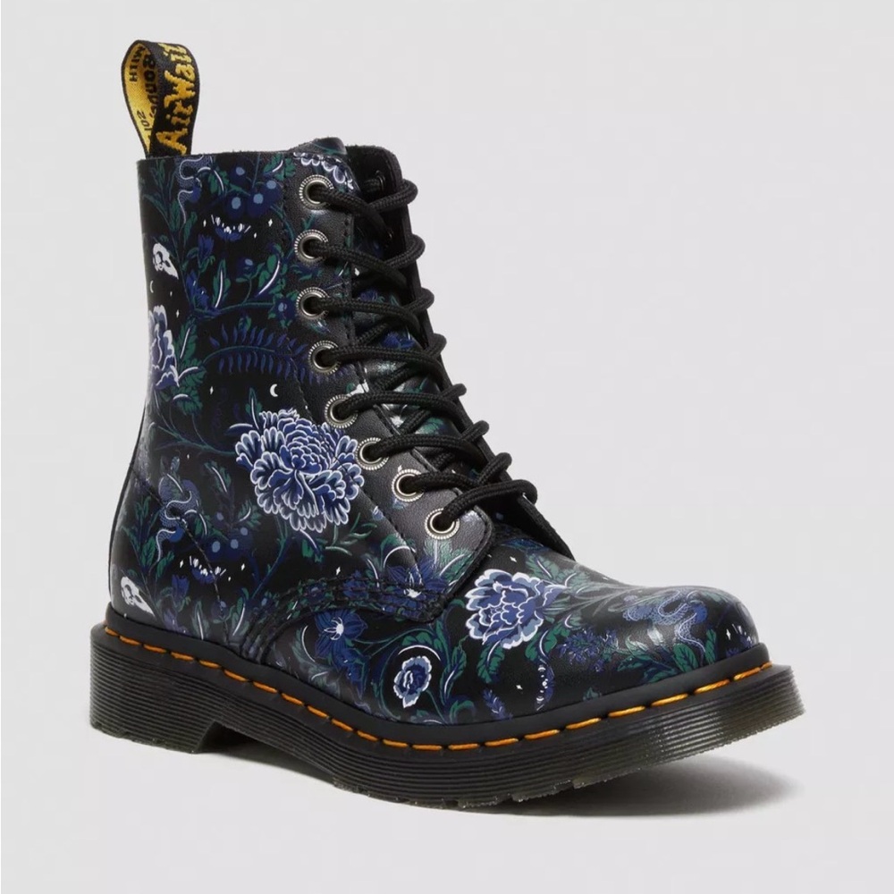 Dr. Martens Black Floral Lace-Up Combat Boot with Blue Accents